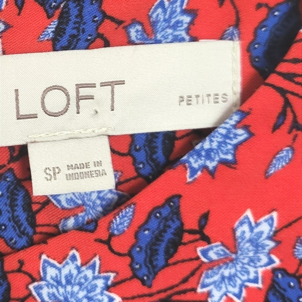 Loft Women Orange Blue Floral Boho Long Puff Sleeve Tie Waist Dress Small Petite - Picture 3 of 11